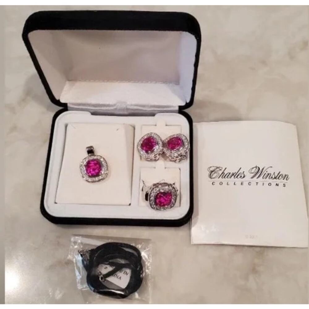 Charles Winston CZ Ruby 925 Sterling Silver Jewelry Set Necklace Earrings